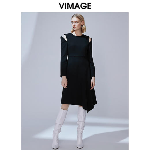 VIMAGE纬漫纪秋款纯色百搭显瘦收腰不规则下摆连衣裙女V1407021 商品图1
