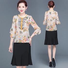 YW-HSY-R2C009T新款印花时尚减龄气质修身显瘦两件套裙