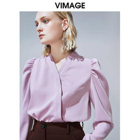 VIMAGE纬漫纪秋季新款时尚复古泡泡袖斜襟V领直筒显瘦上衣女V1413010