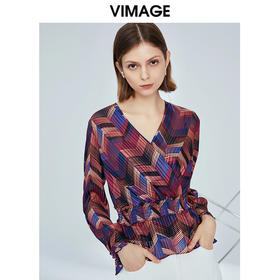 VIMAGE纬漫纪夏季新款时尚休闲几何图案V领显瘦雪纺上衣女薄V1213818