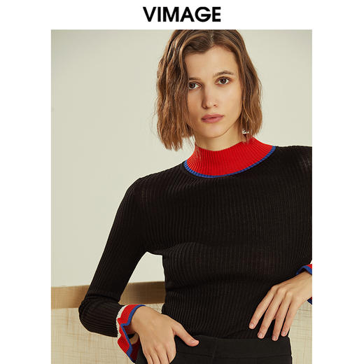 VIMAGE纬漫纪时尚撞色喇叭袖半高领打底针织衫女修身V1201803 商品图0