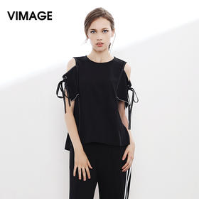 VIMAGE纬漫纪夏季新款女装时尚原创设计个性抽绳露肩修身上衣T恤V913542