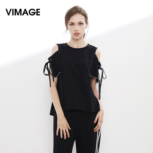 VIMAGE纬漫纪夏季新款女装时尚原创设计个性抽绳露肩修身上衣T恤V913542 商品图0