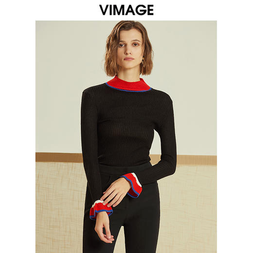VIMAGE纬漫纪时尚撞色喇叭袖半高领打底针织衫女修身V1201803 商品图2