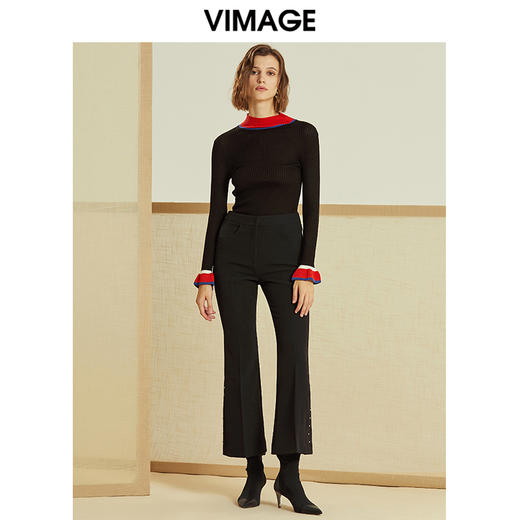 VIMAGE纬漫纪时尚撞色喇叭袖半高领打底针织衫女修身V1201803 商品图1
