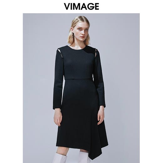 VIMAGE纬漫纪秋款纯色百搭显瘦收腰不规则下摆连衣裙女V1407021 商品图4