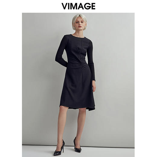 VIMAGE纬漫纪秋款时尚通勤褶皱收腰显瘦修身百搭连衣裙女V1407052 商品图1