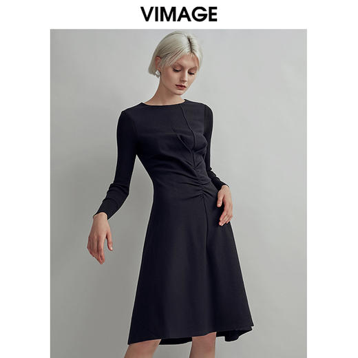 VIMAGE纬漫纪秋款时尚通勤褶皱收腰显瘦修身百搭连衣裙女V1407052 商品图3