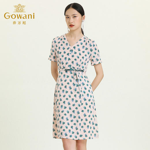 乔万尼夏真丝连衣裙气质修身显瘦V领短袖桑蚕丝中长裙女EN2E575 商品图1