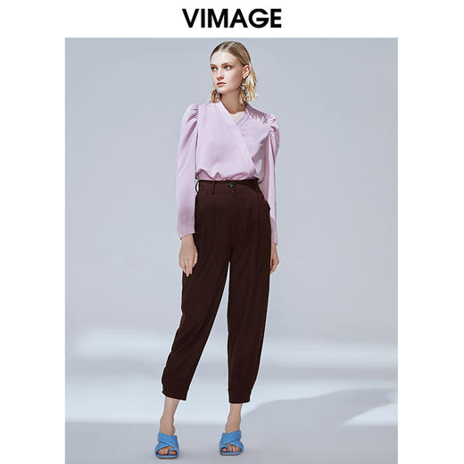 VIMAGE纬漫纪秋季新款时尚复古泡泡袖斜襟V领直筒显瘦上衣女V1413010 商品图1