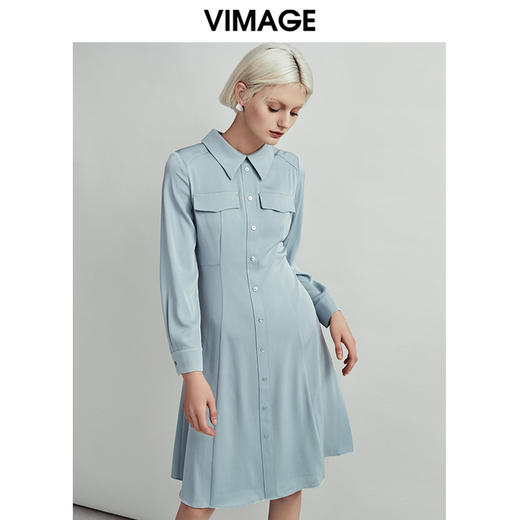 VIMAGE纬漫纪秋款时尚通勤纯色百搭修身收腰显瘦连衣裙女V1407018 商品图6