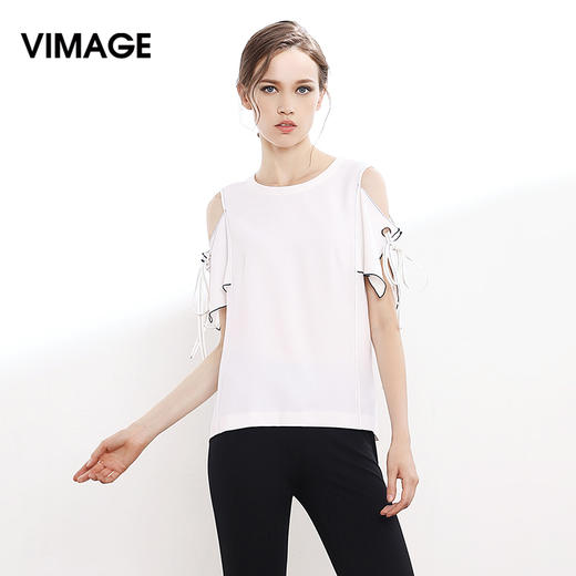 VIMAGE纬漫纪夏季新款女装时尚原创设计个性抽绳露肩修身上衣T恤V913542 商品图1