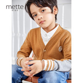METTE羊绒世家童装2020秋冬新品中大童V领开衫时尚撞色小外套毛衣