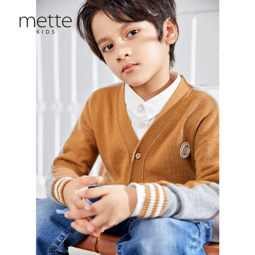 METTE羊绒世家童装2020秋冬新品中大童V领开衫时尚撞色小外套毛衣 商品图0