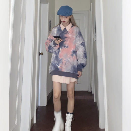 网红同款高街风扎染卫衣女中长款2021早秋新款宽松显瘦长袖上衣潮 商品图1