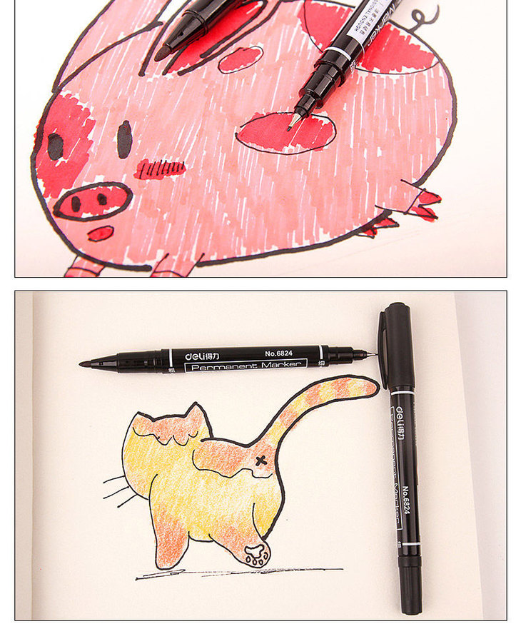 1支得力勾线笔黑色勾线笔儿童绘画双头油性记号笔大头笔批发