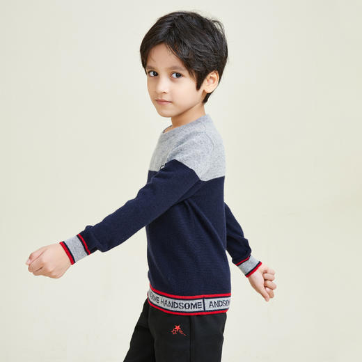 METTE羊绒世家童装100%山羊绒衫中大童男宝圆领撞色内搭保暖毛衣 商品图1