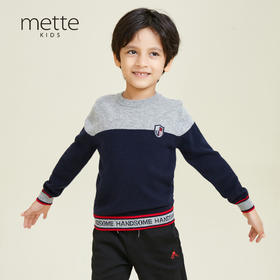 METTE羊绒世家童装100%山羊绒衫中大童男宝圆领撞色内搭保暖毛衣