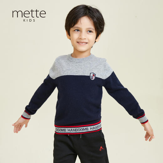 METTE羊绒世家童装100%山羊绒衫中大童男宝圆领撞色内搭保暖毛衣 商品图0