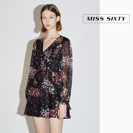 Miss Sixty2020秋季新款V领印花雪纺长袖连衣裙603DJ0430000 商品图2