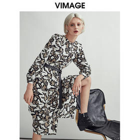 VIMAGE纬漫纪秋款时尚洋气个性印花舒适显瘦收腰连衣裙女V03070093