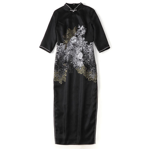 上海旗袍厂AYK-QF-200617提花鸟修身长款旗袍改良国风拼接撞色连衣裙秋季女装 商品图4