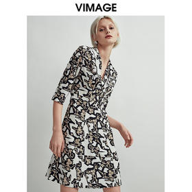 VIMAGE纬漫纪个性洋气印花V领收腰显瘦五分袖连衣裙V03070094