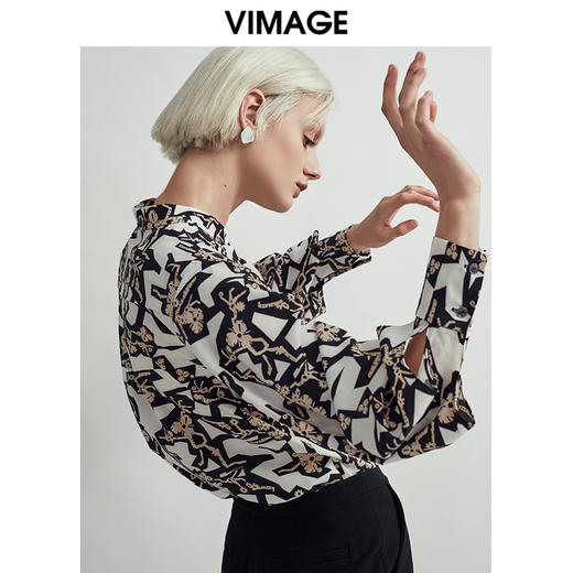VIMAGE纬漫纪秋款时尚宽松显瘦洋气印花灯笼袖衬衫女上衣V03090011 商品图2