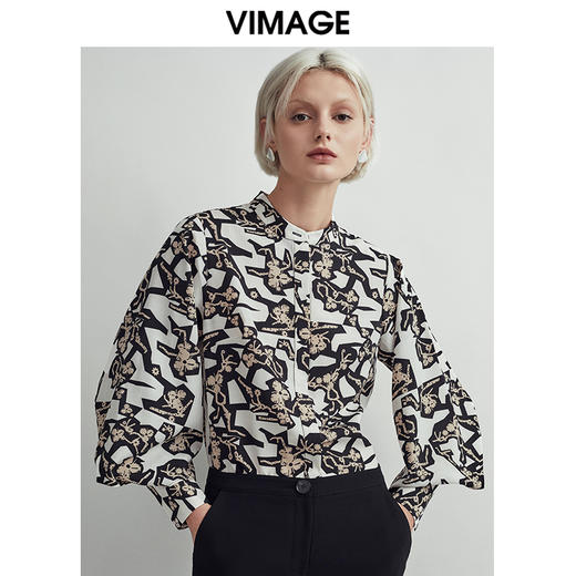 VIMAGE纬漫纪秋款时尚宽松显瘦洋气印花灯笼袖衬衫女上衣V03090011 商品图0