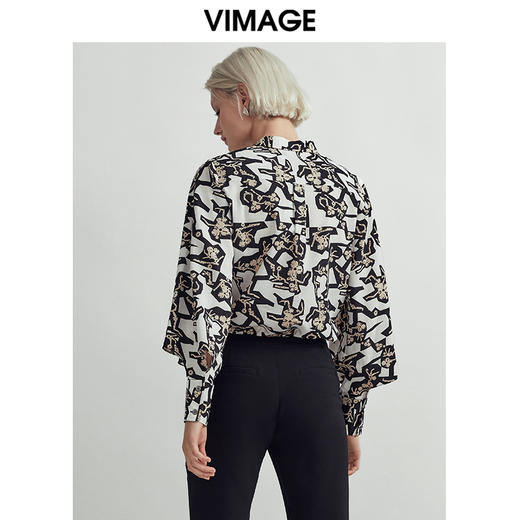 VIMAGE纬漫纪秋款时尚宽松显瘦洋气印花灯笼袖衬衫女上衣V03090011 商品图3
