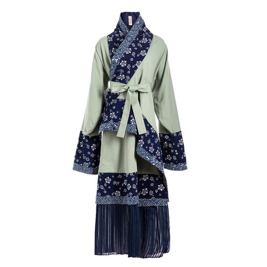 非遗优雅典美汉服曲裾裙纯棉复古收腰显瘦曲裾蓝印花连衣裙生活在左