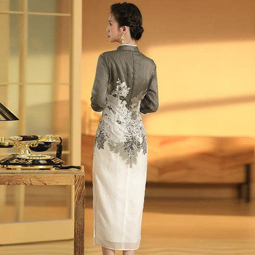 上海旗袍厂AYK-QF-200617提花鸟修身长款旗袍改良国风拼接撞色连衣裙秋季女装 商品图3