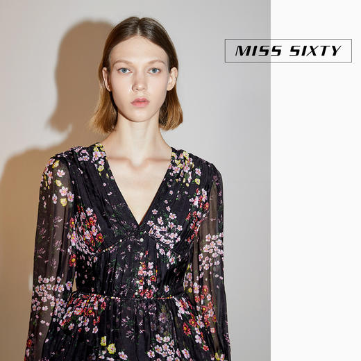 Miss Sixty2020秋季新款V领印花雪纺长袖连衣裙603DJ0430000 商品图4