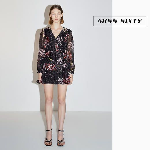 Miss Sixty2020秋季新款V领印花雪纺长袖连衣裙603DJ0430000 商品图3
