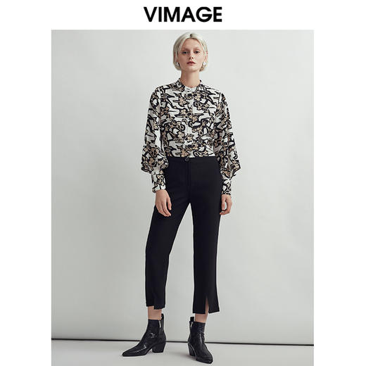 VIMAGE纬漫纪秋款时尚宽松显瘦洋气印花灯笼袖衬衫女上衣V03090011 商品图1