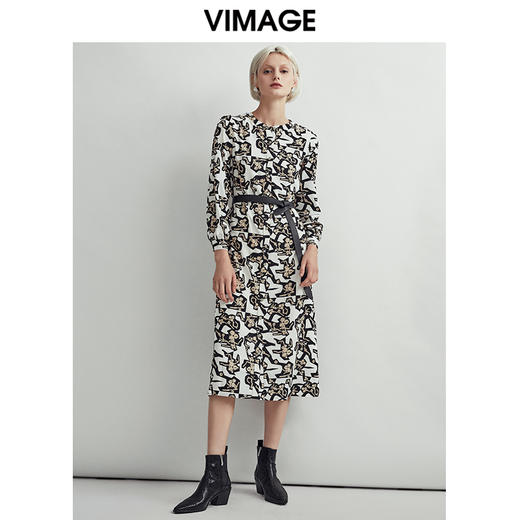 VIMAGE纬漫纪秋款时尚洋气个性印花舒适显瘦收腰连衣裙女V03070093 商品图1