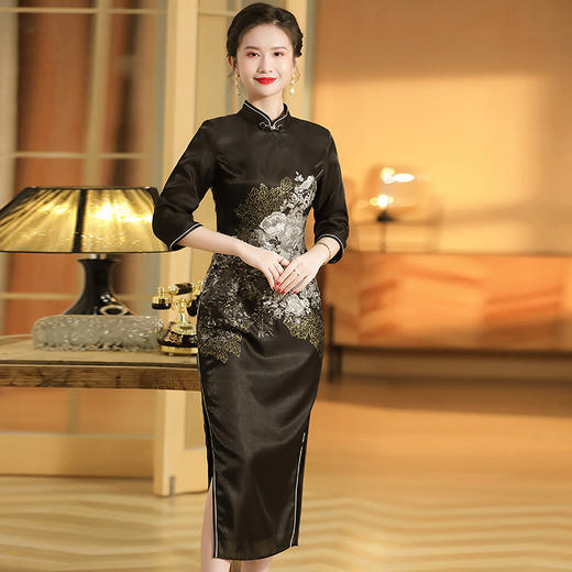 上海旗袍厂AYK-QF-200617提花鸟修身长款旗袍改良国风拼接撞色连衣裙秋季女装 商品图1