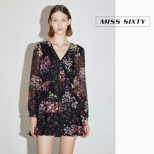 Miss Sixty2020秋季新款V领印花雪纺长袖连衣裙603DJ0430000 商品图0