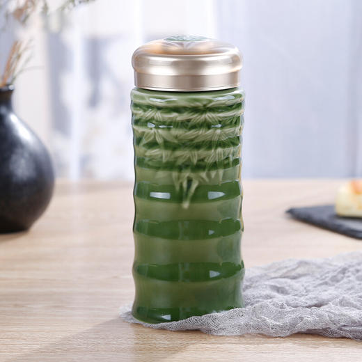 乾唐轩活瓷杯 竹节随身杯双层350ml 艺术陶瓷带盖水杯 年会商务送礼 商品图1