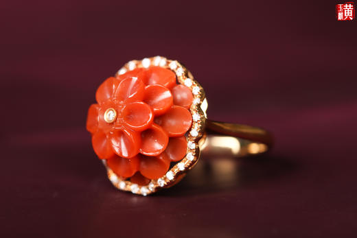 南红【花】18K金加南非真钻镶嵌戒指 商品图1