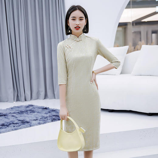 日常宴会修身气质麂皮绒七分袖旗袍货号za1719