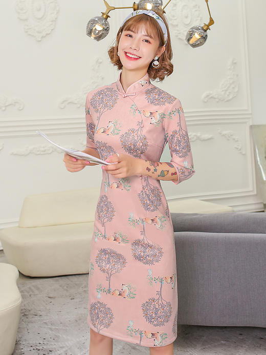 复古时尚麂皮绒七分袖日常旗袍裙(货号 za9603)