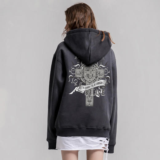 自由基地连帽卫衣男士上装嘻哈新款潮流抓绒宽松上衣潮流复古花纹 NMT-1210 商品图0