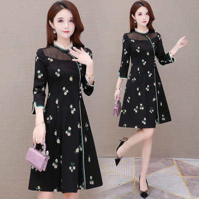 WE-X2B069 印花连衣裙女中长款2020秋新款修身气质长袖改良版旗袍裙子【优】 商品图3
