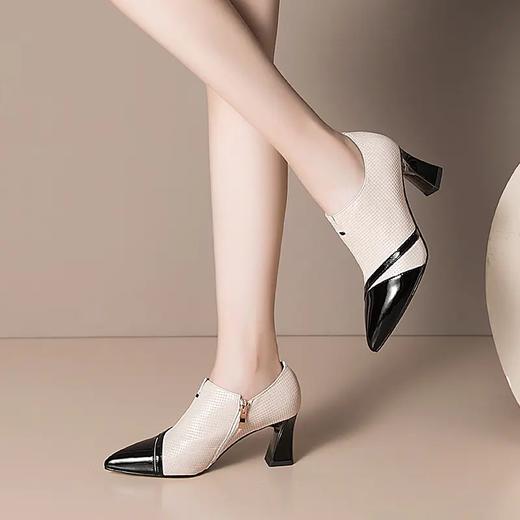 OLD-H2239新款尖头高跟鞋女粗跟女式皮鞋拼接牛皮女鞋 商品图2