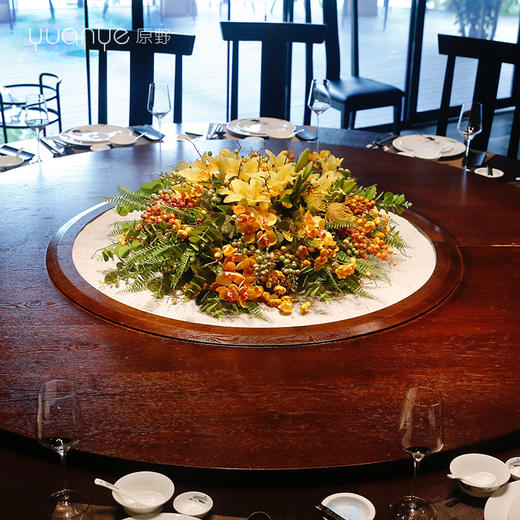 新中式酒店大餐桌花中央假仿真花圆形圆桌转盘餐厅高档装饰摆设件