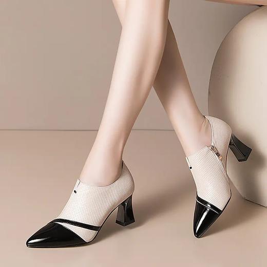 OLD-H2239新款尖头高跟鞋女粗跟女式皮鞋拼接牛皮女鞋 商品图0