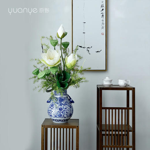 新中式高档仿真花假花青花瓷样板房酒店前台客厅茶几装饰花摆设件 商品图0