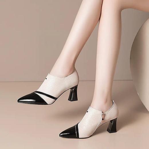 OLD-H2239新款尖头高跟鞋女粗跟女式皮鞋拼接牛皮女鞋 商品图5