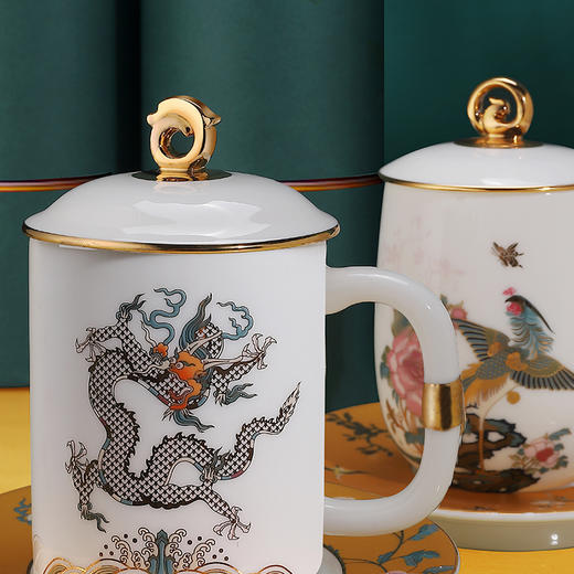 龙凤呈祥套杯 国潮泡茶杯陶瓷办公杯茶水分离带盖过滤情侣对杯马克杯礼品装定制 茶具 主人杯 商品图2